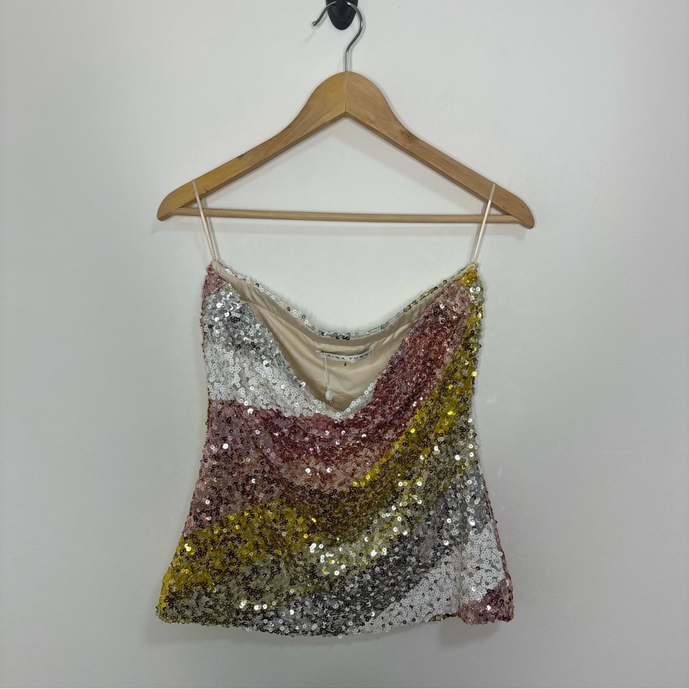 Trina Turk Sequin Strapless Top in Gold, Pink, and White - Picture 2 of 10
